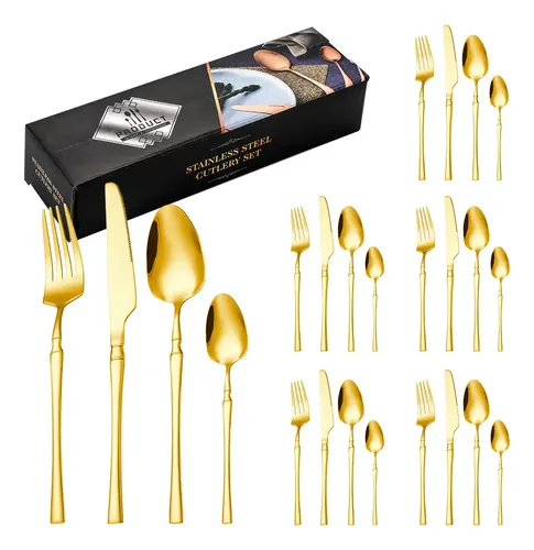 Faqueiro Aço Luxo Inox 24 Peças Com Cintura Fina Dourado