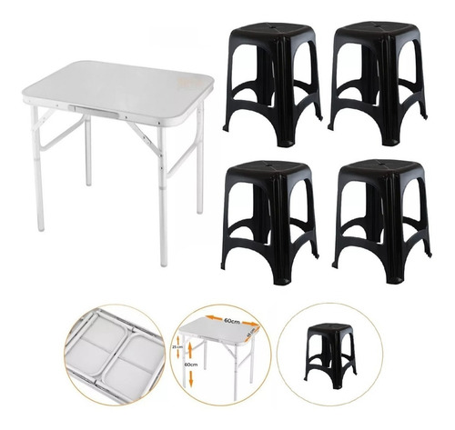 Kit Mesa Dobrável Alumínio 60x45cm + 4 Banquetas