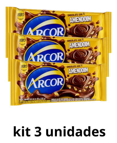 Kit 3 Chocolate Com Amendoim Arcor Barra 80g
