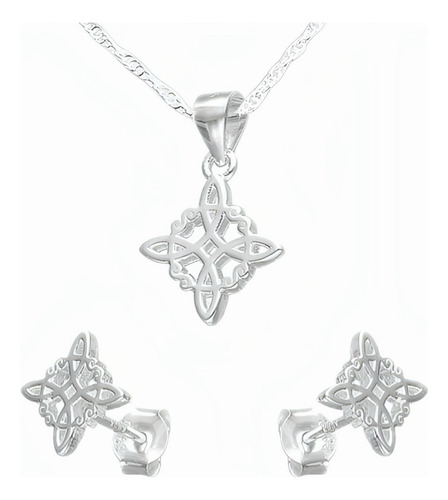 Conjunto Nudo De Brujas Plata Fina Protección Collar Y Aros