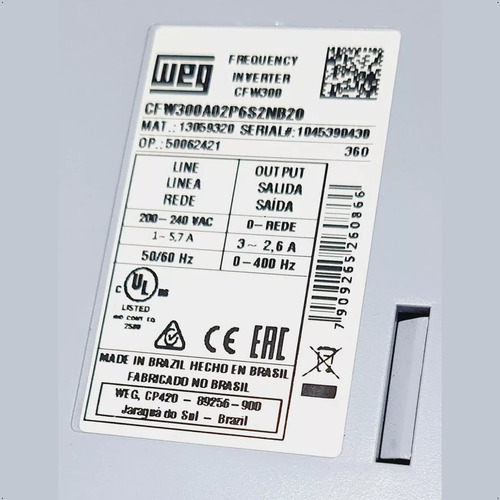 Inversor Frequência Weg Cfw300 0,5cv 2,6a Cfw300a02p6s2nb20