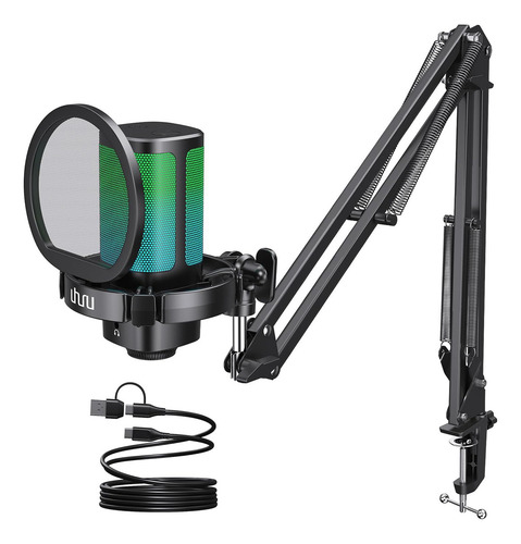 Micrófono Gamer Usb De Condensador Rgb Con Brazo Articulado Y Soporte De Mesa Para Computador Pc Y Celular Streaming Podcast Uhuru