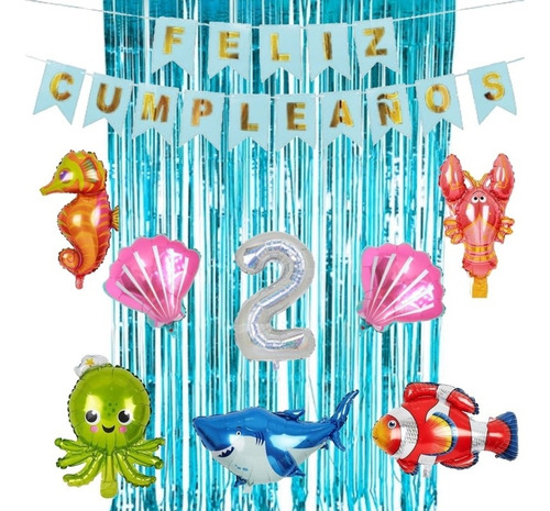 Globos Animales Mar X 5+ostras +cortina+banderin+nro