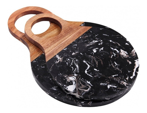 Tábua Redonda De Mármore Preto Com Madeira Grande