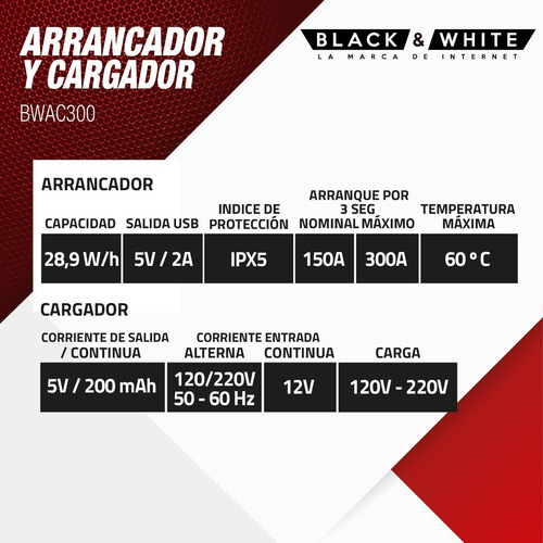 Imagen 5 de 10 de Arrancador Portatil Auxiliar Para Auto 150a 7800mah B&w