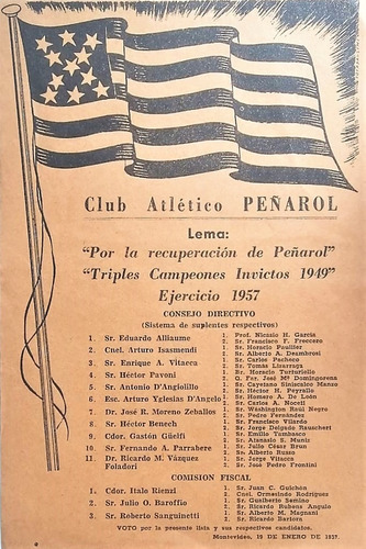 Lista Club Peñarol 1957 Con Ctor. Gastón Guelfi En 9o. Lugar