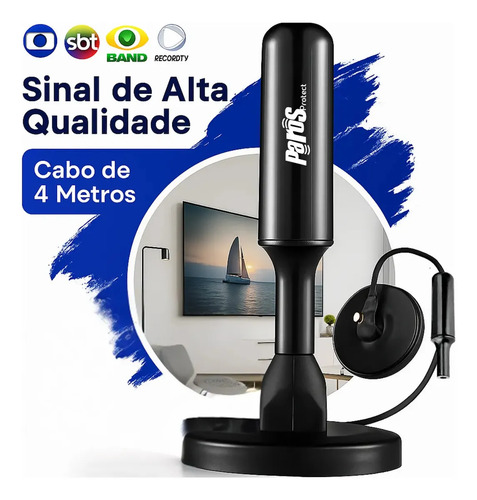 Antena Digital Interna Externa HDTV UHF Cabo Com Cabo Longo De 4 Metros Com Base Magnética Parosprotect