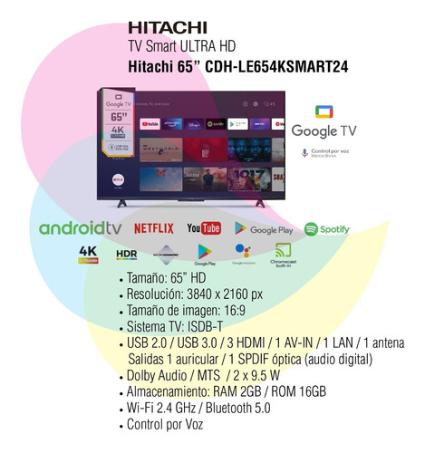 Imagen 2 de 7 de Tv Smart Hitachi 65 Pulgadas Led 4k Ultrahd
