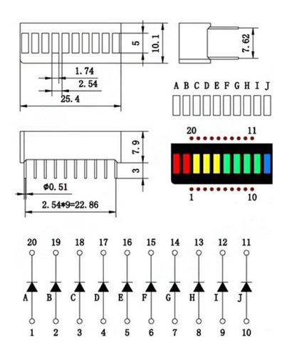 Imagen 2 de 10 de Display Led Barras Indicador Dip 10 Segmentos Colores 2.54mm
