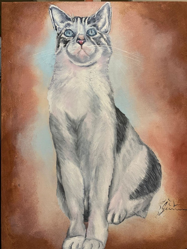 Retrato Michi Gato Mascota Pintado A Mano Al Oleo Moderno