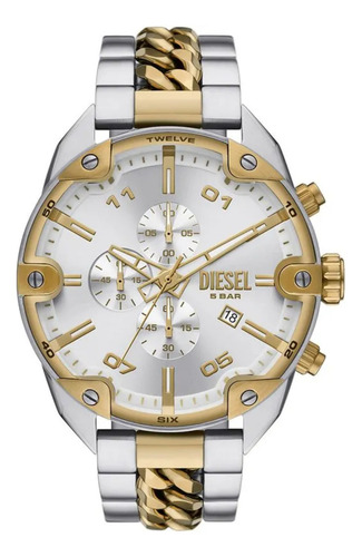 Relógio Diesel Spiked Dz4629 Correia Dourado E Prata Bisel Prateado Fundo Branco