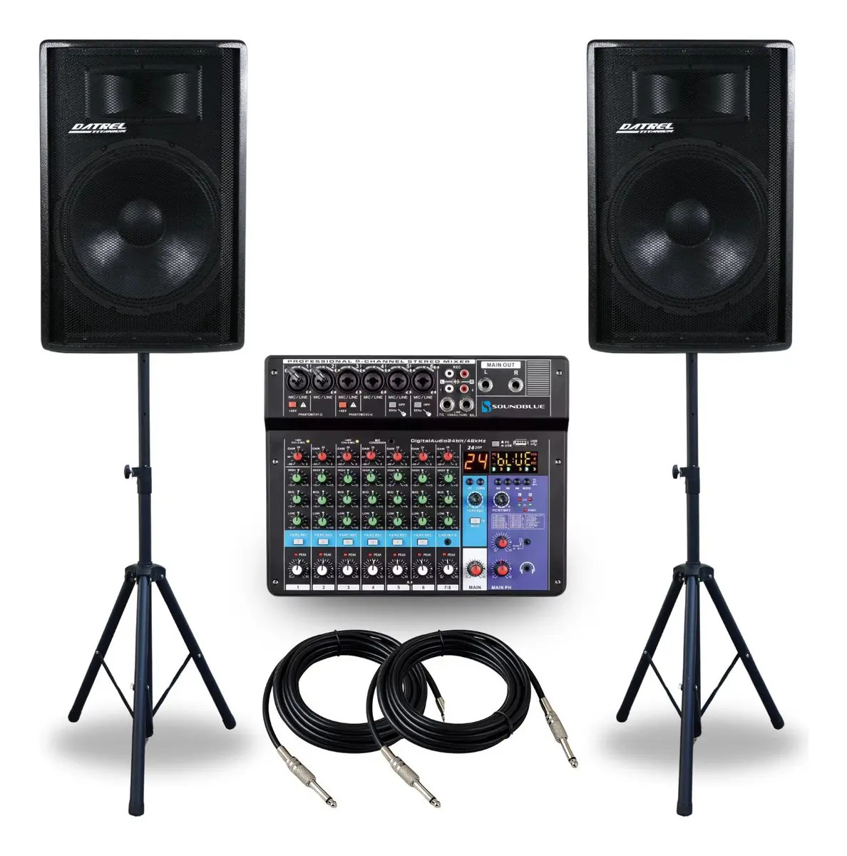 kit 2 Caixas Som Profissional 600W RMS 15 polegadas Driver Titanio Amplificada Ativa Passiva Profissional Acustica Mesa 8 Canais Bluetooth Combo Mixer Efeitos e Suporte Pedestal Tripe Igreja Eventos