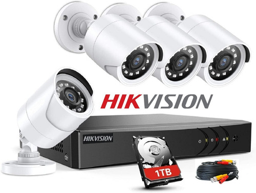 Imagen 1 de 10 de Kit Seguridad Dvr Hikvision 4 Camaras Exterior Full Hd Disco Rigido 1tb