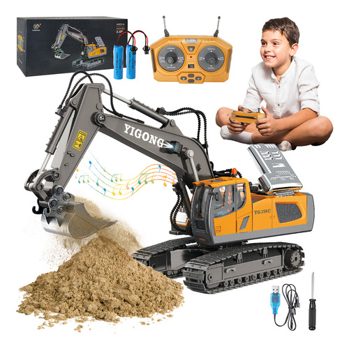 Juguete de Excavadora Slowton Control Remote Amarillo Niños 11 Canales 2.4g Recargable con Luces Sonidos