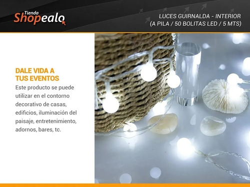 Imagen 4 de 8 de Luces Decorativas Bolita Blanca 5mts 50 Led A Pila Navidad-*