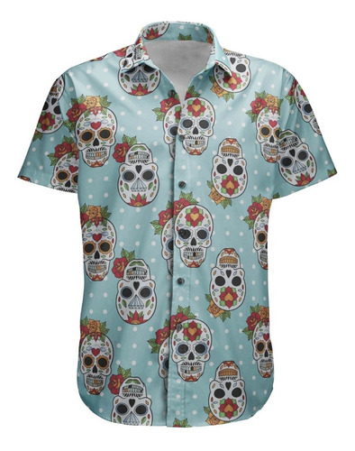 Camisa Botão Caveiras Tumblr Aesthetics Rock Skull Retro