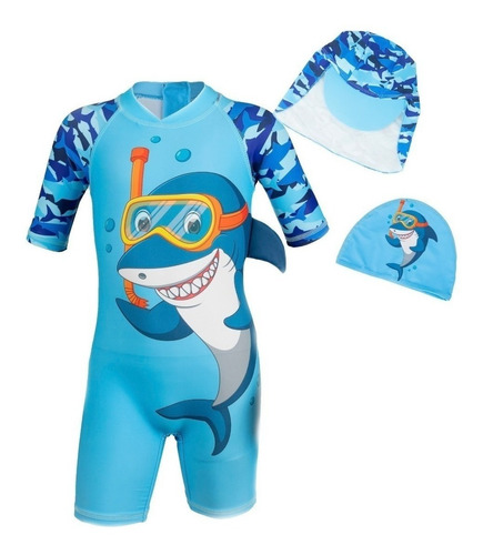 Traje De Baño Niños Snorkel + Gorro Natacion + Gorro Sol