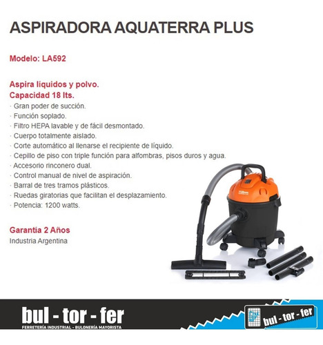 Imagen 2 de 5 de Aspiradora Liliana Polvo/agua Aquaterra Plus La592 18l 1200w