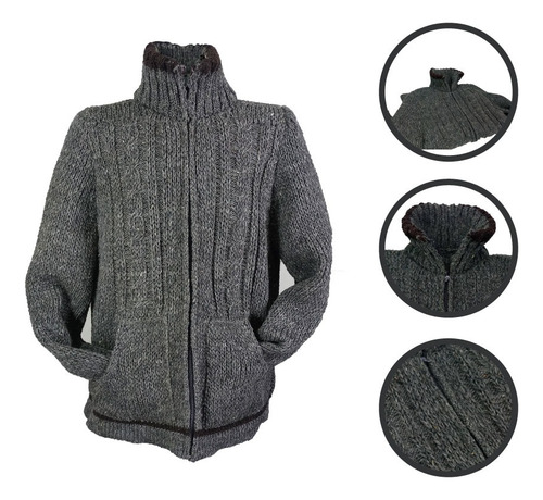 Sueter Chamarra 100% Lana Con Cierre Gris Oxford