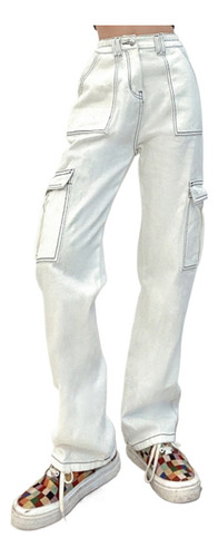 Pantalon Blanco Para Mujer Recto Cargo Multibolsillos Jeans