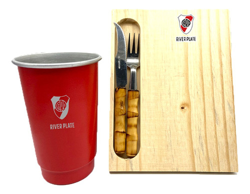 Set Asado Con Cubiertos Madera Y Vaso 1 Litro River Plate