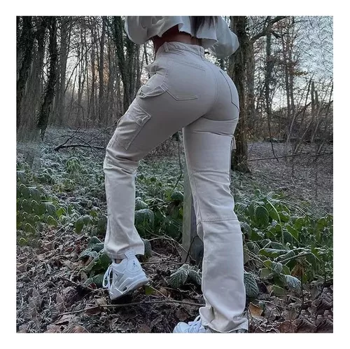 Calças Blanco Joggers Tiro Alto De Mujer Cargo Mezclilla