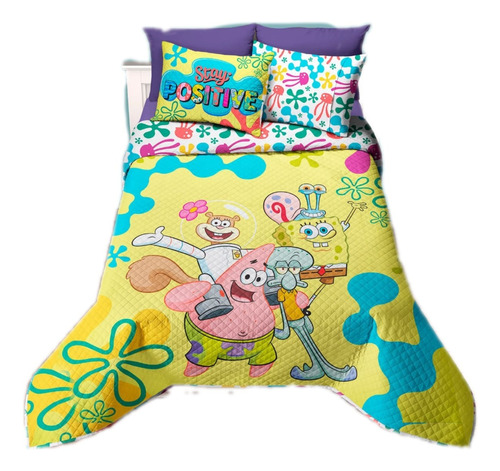 Colcha Edredon De Bob Esponja Matrimonial Con Fundas