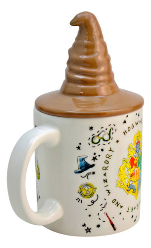 Taza Grande Cerámica Con Tapa 3d Personajes Animados 532 Ml Color Blanco Sombrero Seleccionador Harry Potter