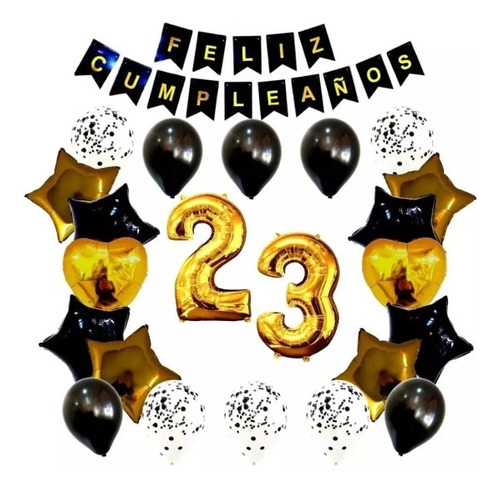 Kit Decoración Feliz Cumpleaños Bombas Dorado Y Negro+numero