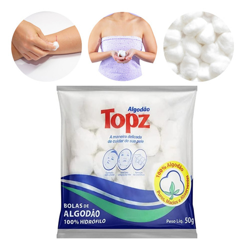 Algodão Bolas Topz Limpeza Facial Maquiagem Make Macio 50g