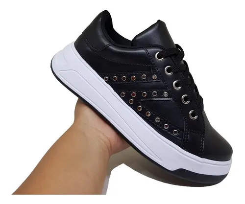 Zapatilla Mujer Sneaker Urbana Plataforma Tachas Dama Negras