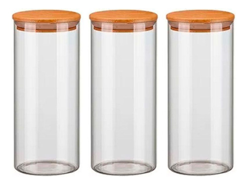 Kit 3 Potes Vidro 1500ml Hermético Tampa Madeira Bambu Porta