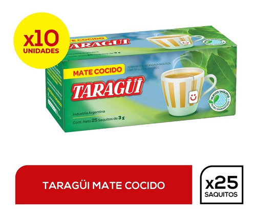 Mate Cocido Taragüi Filtro Diamantado 25 Saq X 10 Unidades