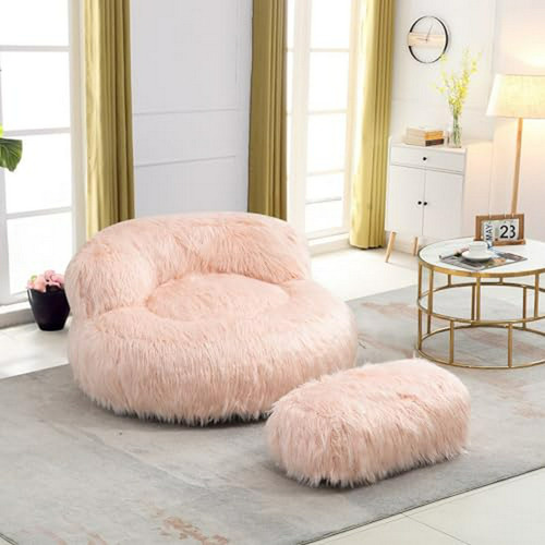 Sillón Puff Cómodo Con Otomana, Rosado Moderno