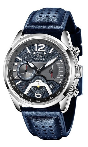 Reloj Benyar Malla  Cuero Azul Con Cronógrafo Modelo 5171