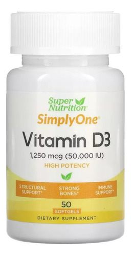 Super Nutrition, Simply One, Vitamina D-3, 50.000 Ui, 50 Cáp Sabor sem