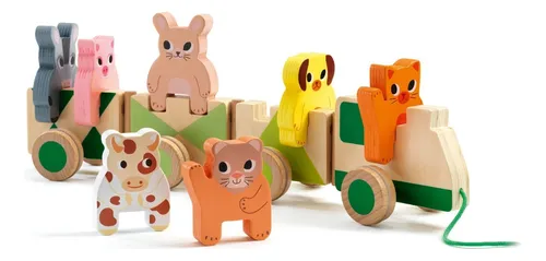 Tren Arrastre Madera Con Animales De Granja Djeco +18 Meses