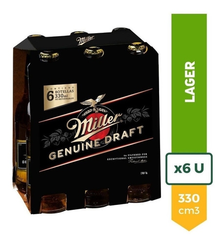 Imagen 1 de 9 de Cerveza Miller Rubia 330ml Porron Pack X6 La Barra Oferta