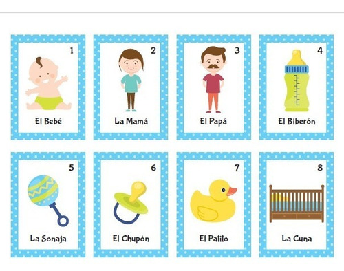 Kit Imprimible Loteria Baby Shower Niño Con 20 Tablas