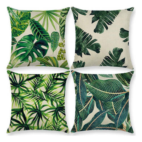 4pcs Funda De Almohada De Sofá Con Patrón De Planta Verde