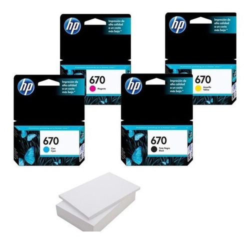 Cartuchos Hp 670 N-c-m-y Estandar Originales + Resma