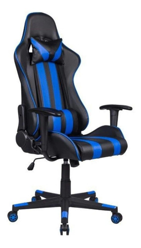 Cadeira de escritório Pelegrin PEL-3013 gamer ergonômica  preto e azul com estofado de couro pu