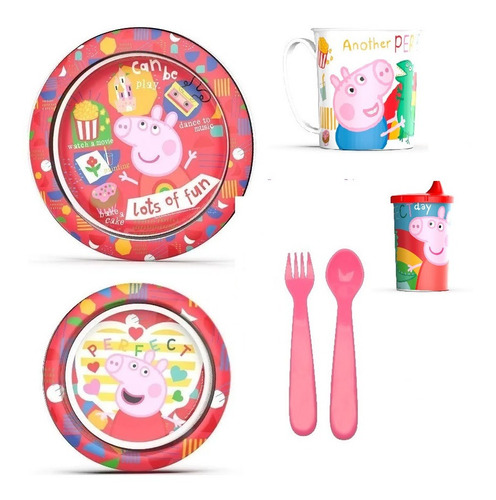 Peppa Pig Vajilla Plato Playo+bowl +vaso +jarro Y Cubiertos 