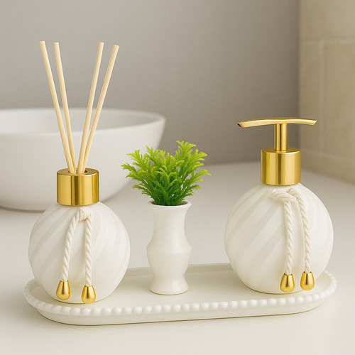 Kit Lavabo Para Banheiro Aromatizador Difusor De Ambiente Luxo Com Vasinho E Bandeja Cor Branco