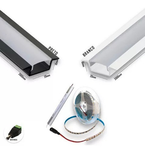 Kit Perfil Embutir Slim 2 Metros+fita Led+fonte 12v 2a Slim Cor da luz Preto Branco-frio 110V/220V