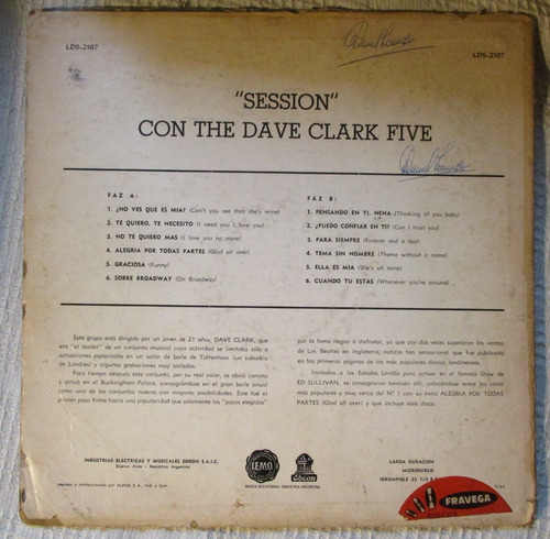 Imagen 2 de 8 de Session Con The Dave Clark Five (emi Odeon Lds-2107)