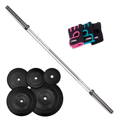 Barra Recta Larga 220cm + 40 Kg En Discos + Guantes Pesas