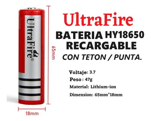 UltraFire Bateria HY18650 Litio 3.7v Con Teton - Pila Cilíndrica 18mm x 65mm 1 unidad