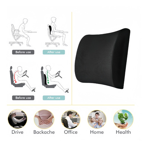 Cojin Con Memoria Ortopedico Lumbar Sillas Asiento Automovil Negro