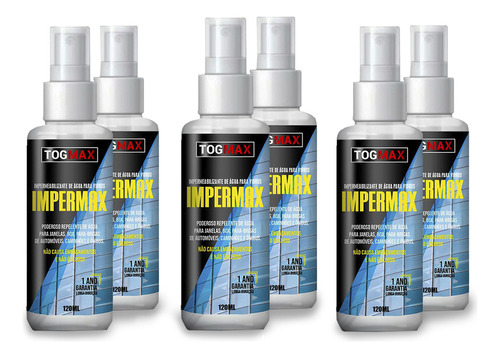 6 Spray Protetor Conta Água Repelente Vidros 120ml Tog Max